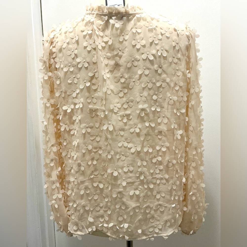 Adrianna Papell 3D Flower Tie Neck Sheer Blouse M Vanilla - Picture 8 of 9